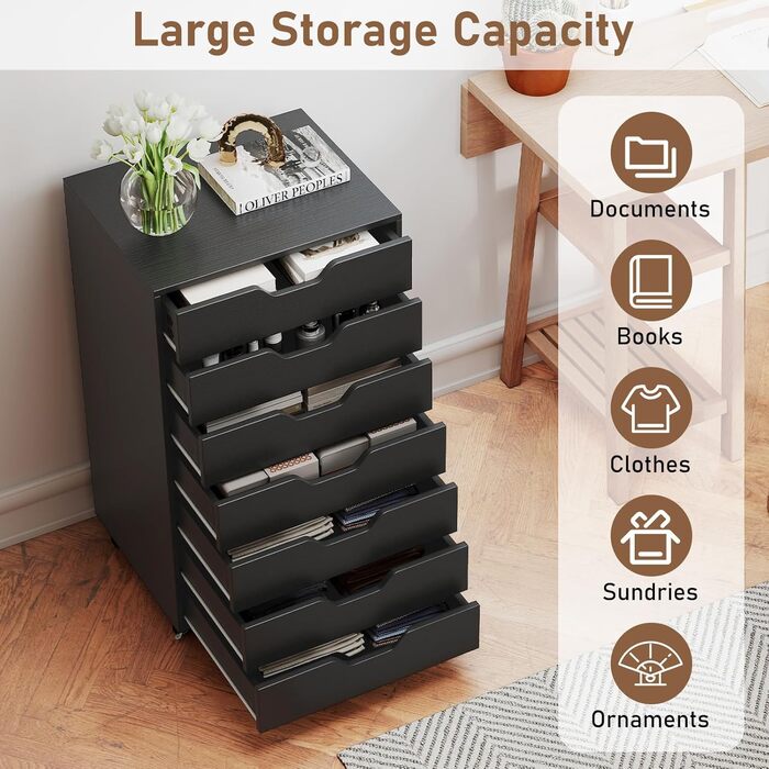 Роликовий контейнер GIANTEX з 5 висувними ящиками, офісний шафка для документів на колесах, тумба під стіл з дерева, стіл-принтер для дому та офісу (Білий, Чорний), 49 x 40 x 87 см