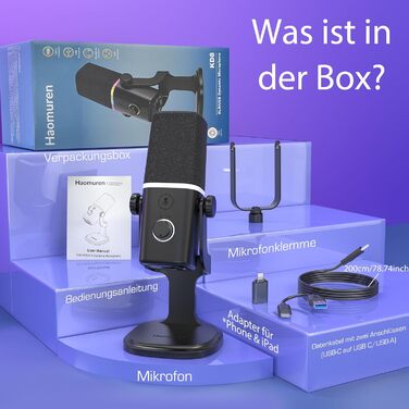 Динамічний XLR/USB мікрофон для геймінгу, подкастів, ПК, телефону, стрімінгу з RGB-підсвіткою, кнопкою вимкнення звуку, підсиленням, підставкою, для співу та YouTube