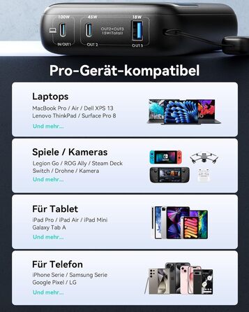 Портативний зарядний акумулятор INIU на 25000mAh, 100W, USB-C, для ноутбуків, телефонів, iPad, DJI, камер, iPhone 17/16/15/14, чорний