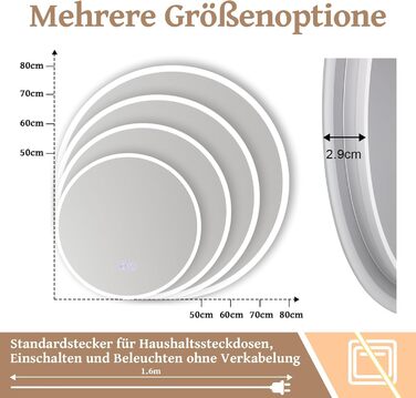 Дзеркало для ванної кімнати кругле LED з підсвічуванням 60 см, IP44. Кругле дзеркало з LED підсвічуванням для ванної кімнати, сенсорне керування, 60x60 см