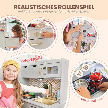 Дерев'яна дитяча кухня Kinderplay з LED та звуками приготування їжі – регульована висота 92–107 см – іграшкова кухня для ролевих ігор від 3 років – повний комплект з аксесуарами, світло-сірий колір Elegant - світло-сірий