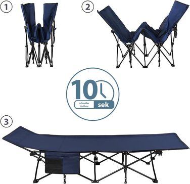 Розкладне кемпінгове ліжко ALPIDEX до 200 кг з м'яким матрацом та бічною кишенєю, синій