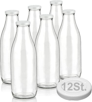 Пляшки для молока об'ємом 1000 мл з 4 кришками, що не містять бісфенолу А, скляні пляшки об'ємом 1 л, також доступні з 4/6/9/12/15 пляшками для смузі, пляшки з широким горлечком, пляшка для молока, порожня для наповнення, пляшка для пиття з кришкою, що за