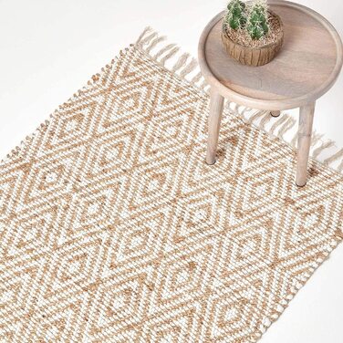 Домашні пейзажі килимове покриття Sierra ручної роботи з конопель, клаптева ковдра з геометричним ромбоподібним малюнком і бахромою, кремове/натуральне (120 х 170 см)