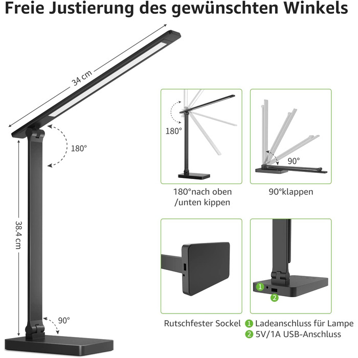 Настільна лампа Lepro, світлодіодна настільна лампа 15 Вт, настільна лампа 655lm 3 кольори і 5 рівнів яскравості з регульованою яскравістю через USB, настільна лампа для захисту очей 3000K-6500K, лампа для читання для офісу, чорний