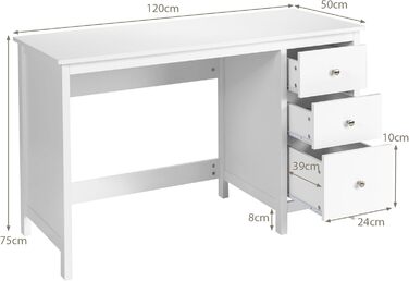 Комп'ютерний стіл LIFEZEAL з 3 шухлядами, 120 x 50 см, для офісу та робочого кабінету (білий)