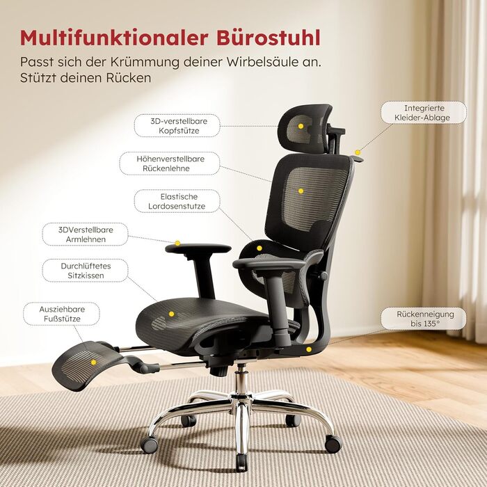 Ергономічне крісло для офісу Voll-Mesh з підголівником, підставкою для ніг, регульованою спинкою, підлокітниками, автоматичною поперековою підтримкою, PU-колесами, поворотним на 360°, до 150 кг, чорне