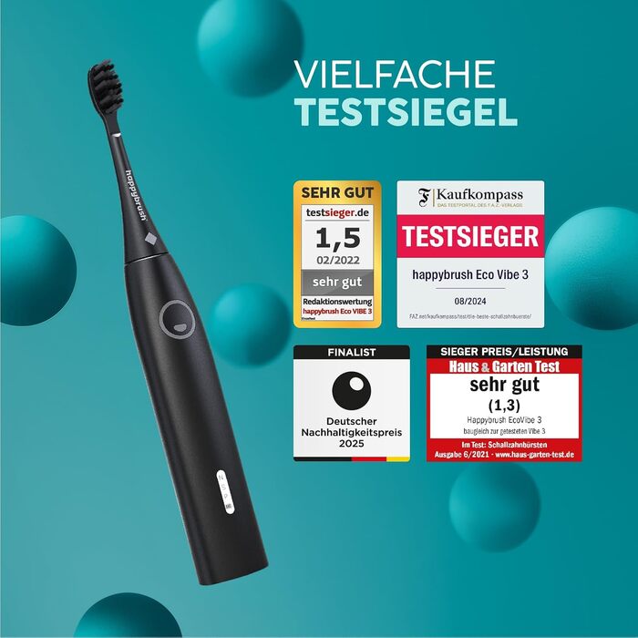 Електрична зубна щітка happybrush® Eco Vibe 3+ – Чорний колір – Тест-переможець – 100 днів тестування – 2 роки гарантії