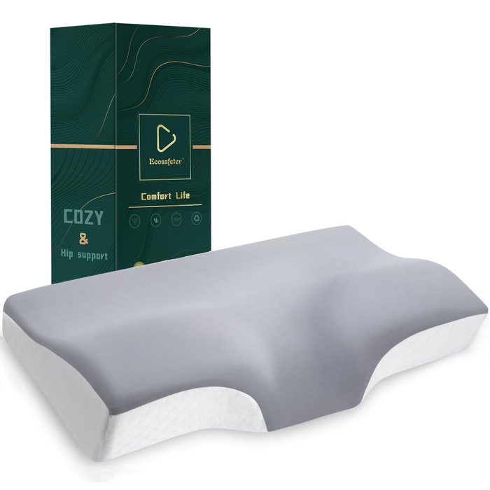 Ергономічна подушка з ефектом пам'яті (Memory Foam) для шиї та підтримки хребта, ортопедична подушка для сну на боці та спині з бамбуковим чохлом, сіра