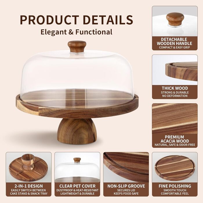 Дзеркальна підставка для тортів 30 см з дерева | Двостороння тортівниця з ніжками та кришкою (PET) | Кришка для тортів/кришка для пирогів | Універсальна підставка для тортів для весілля, дня народження, чаювання