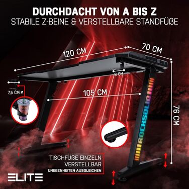 Ігровий стіл ELITE Rocksolid 2.0 Світлодіодне освітлення, кріплення для гарнітури, кабельний канал, підстаканник (чорний)