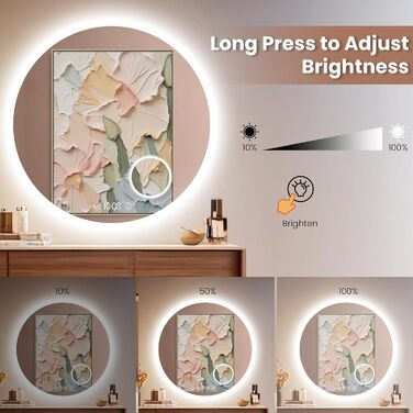 Дзеркало для ванної кімнати Habison з підсвічуванням 70x70 см, LED, з годинником та сенсорним вимикачем, регулювання яскравості, тепле/холодне/нейтральне світло, антизапотівання, 3-кратне збільшення