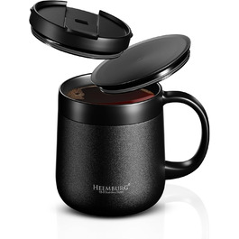 Термокружка з ручкою, подвійні стінки, вакуумна ізоляція, нержавіюча сталь 18/8, 2 кришки, неслизьке дно, 440мл (330мл), для офісу та робочого місця