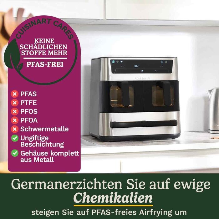 Фритюрниця Cuisinart XXL 10.4L з двома зонами нагріву | Без PFAS та хімікатів | Для смаження, грилю, випікання, дегідратації та підтримання тепла | 2 x 5.2L, 8+ порцій | Деталі придатні для миття в посудомийній машині (3 камери з нержавіючої сталі)