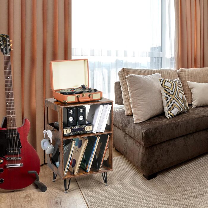 Підставка для програвача вінтажна, приставний столик, полиця для програвача з місцем для зберігання, дерев'яний стіл для програвача, утримує 160 альбомів, для вітальні, спальні, офісу