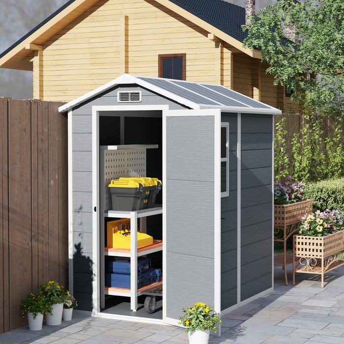 Outsunny Garden Shed 2,1 м², Водонепроникний садовий сарай з підлоговим односхилим дахом, 131x186x198/172 см, Сарай для інструментів з дверима, що замикаються, Вікно Велосипедний гараж, Садова шафа з алюмінію, для заднього двору, Саду, Сірий | Аосом