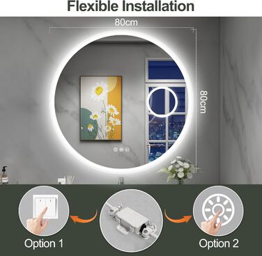 Дзеркало для ванної кімнати S'bagno Runder з підсвічуванням 60 см, з протитуманним ефектом, регульованою яскравістю, HD-скло, функція пам'яті, IP44, Bluetooth, 5-кратна лупа, 80x80 см