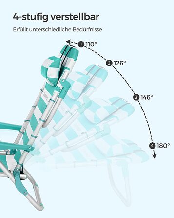 Пляжне крісло SONGMICS, Крісло для кемпінгу, Складаний стілець, Відкритий стілець, Портативний, з плечовими ременями, Складний, Регульована спинка, З Підголівником, Підлокітники, 2 бічні кишені, Синьо-білий GCB62BU (Зелений Білий)