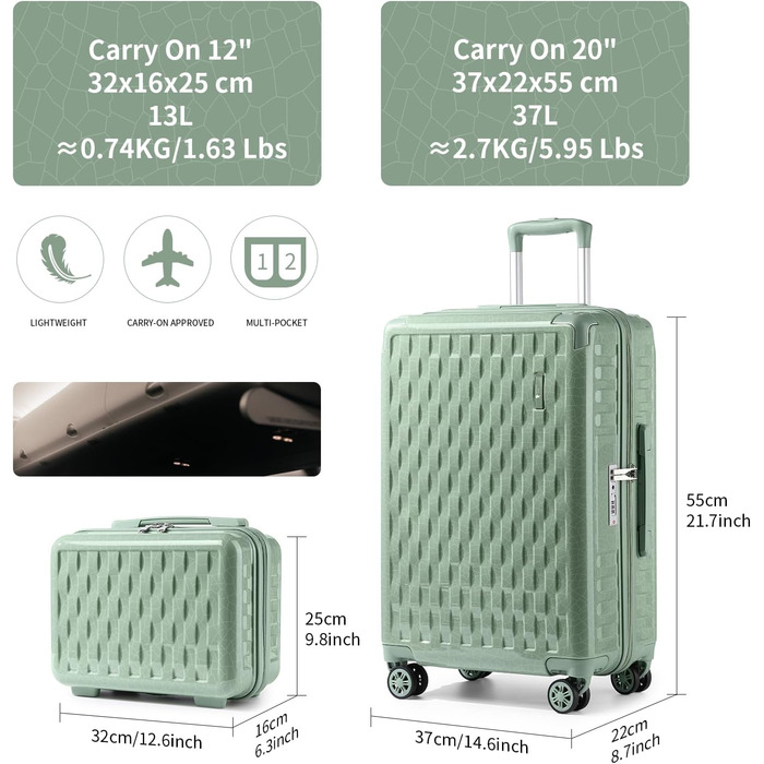 Набір валіз Sea Choice: M, L, XL (55/65/75 см) з жорсткими боковинами, захистом кутів, TSA-замком та косметичкою (Matcha Grün)