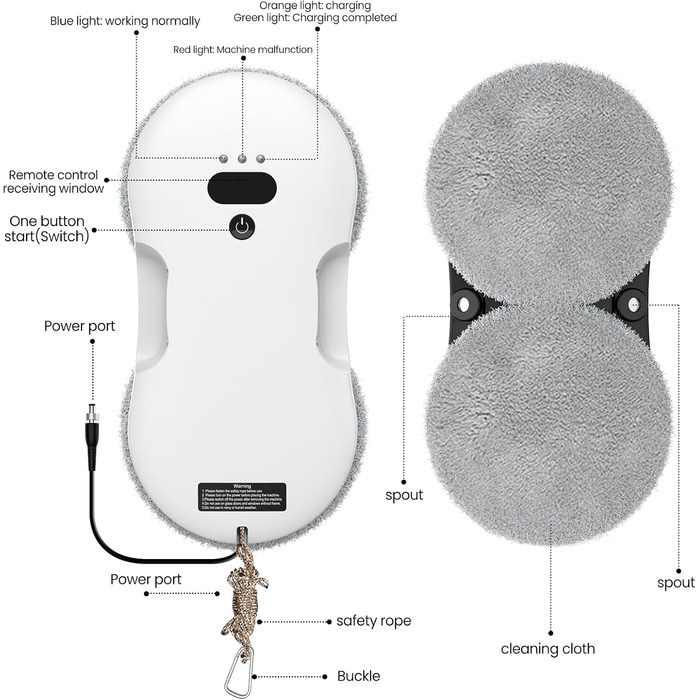 Робот для миття вікон з автоматичним струменем води, 5600 Па, автоматичний мийник вікон, інтелектуальна навігація, пульт дистанційного керування, для гладких поверхонь, з 10 ганчірками для миття (E 2800pa)