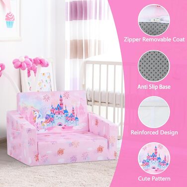 Дитяче крісло-диван 2 в 1 з кишенькою та антиковзаючим подушкою, розкладне, для спальні, вітальні, ігрової кімнати (Принцеса)