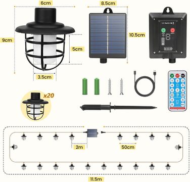 Ліхтарі на відкритому повітрі, 20 лампочок, 7.7 м, пульт дистанційного керування, таймер, стійкий до погодних умов, ретро/великий