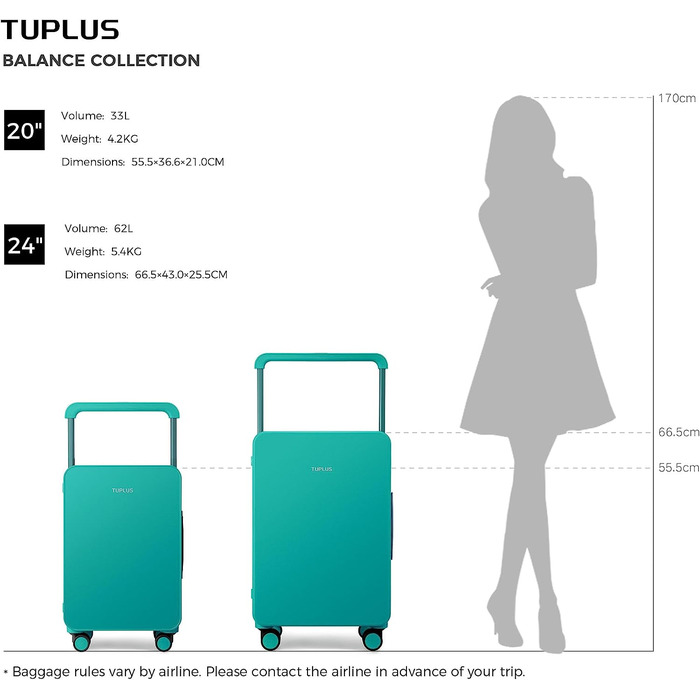 Валіза TUPLUS Візок ABS Валіза на колесах з 4 колесами Валіза Ручна поклажа Жорсткий чохол із замком TSA, серія Balance, 66,5 x 43 x 25,5 см / 73 л (зелений, M (66,5 см - 73 л))