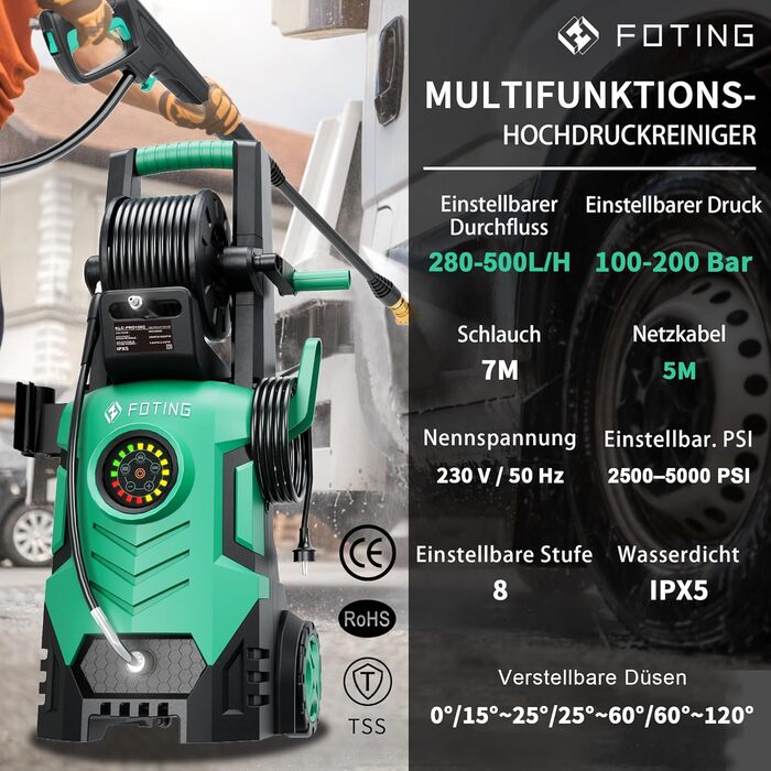 Високотискний мийник 2026 Neu 180 бар, 6-в-1 насадка, 420 л/год, 50 м²/год, економія води, з піноплавником 500 мл та барабаном для шланга (33x32x86 см, блакитний)