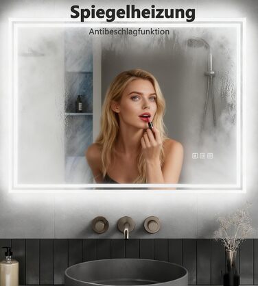 Дзеркало для ванної кімнати LOMIKEN з підсвічуванням, 60x50x3,5 см, LED, 6400K, холодний білий, економія енергії, вертикальне/горизонтальне кріплення, вимикач, захист від запотівання, 3 колірні температури