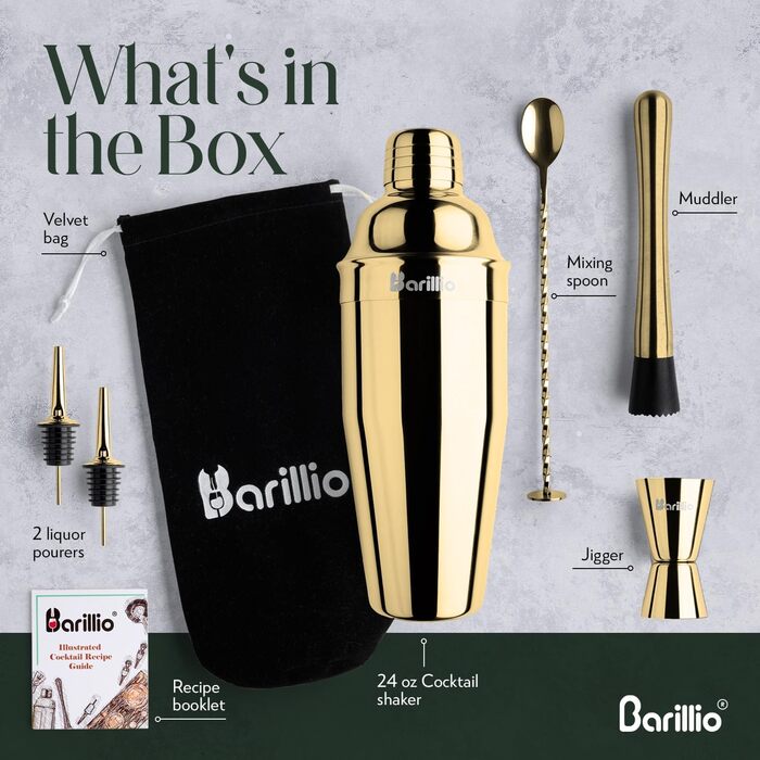 Набір бармена Barillio Gold Mixology – 8 предметів з нержавіючої сталі, включає шейкер, міклер, мохіто-толкуш та аксесуари для приготування коктейлів