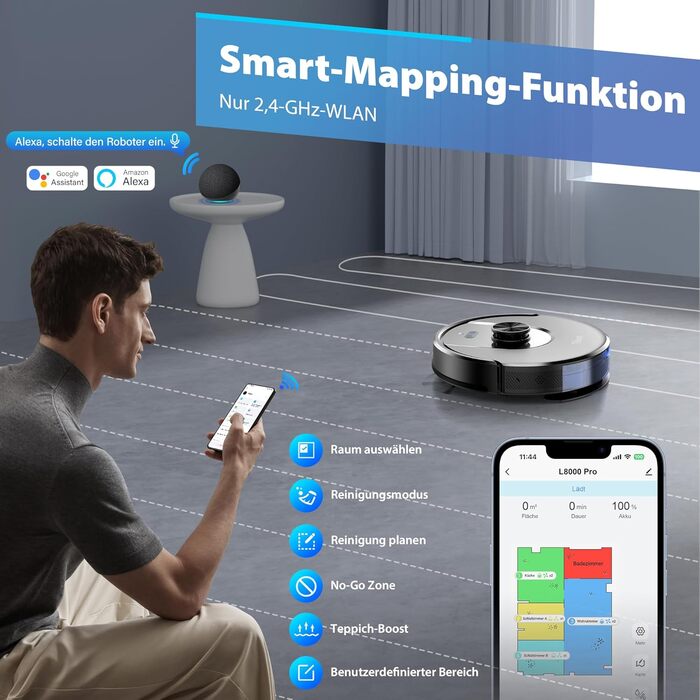 Робот-пилосос з функцією миття Tikom L8000 Pro, 6000Pa, LiDAR, 150 хв, APP, 14 зон, для тварин, килимів та твердих підлог, чорний