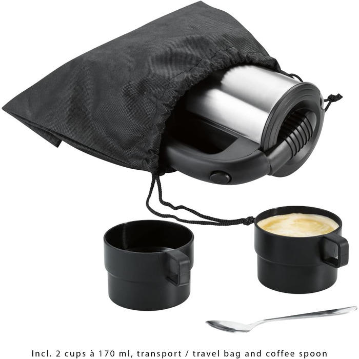 Туристичний чайник Bomann, об'єм до 0,5 літра, ідеально підходить для подорожей, кемпінгу та подорожей, включаючи 2 чашки по 170 мл, сумка для транспортування/подорожі та кавова ложка, нержавіюча сталь/чорний - WKR 1162 CB