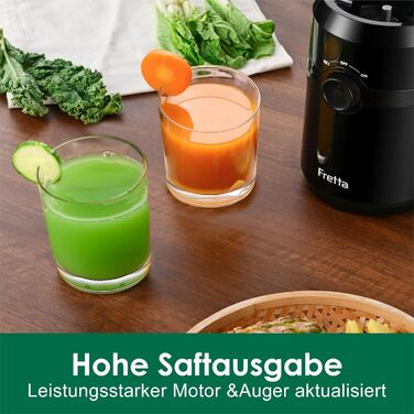 Фреш-прес Fretta Slow Juicer: повільний відцентровий соковичавник, 200W, великий завантажувальний отвір 108 мм, BPA-free Tritan, легке очищення (чорний)