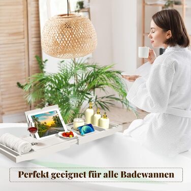 Підставка для ванни з бамбука, регульована, з тримачем для iPad, книг та напоїв. Біла, 75-109 x 23 x 4,5 см