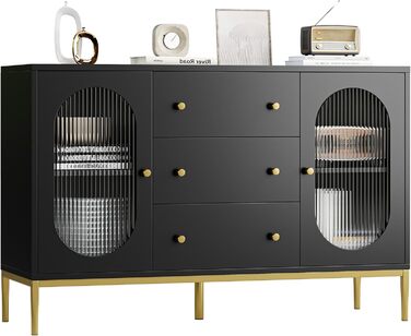 Буфет-комод FirFurd 120 см білий/чорний з робочою поверхнею та 3 ящиками | Кухонний буфет для кухні, вітальні, їдальні