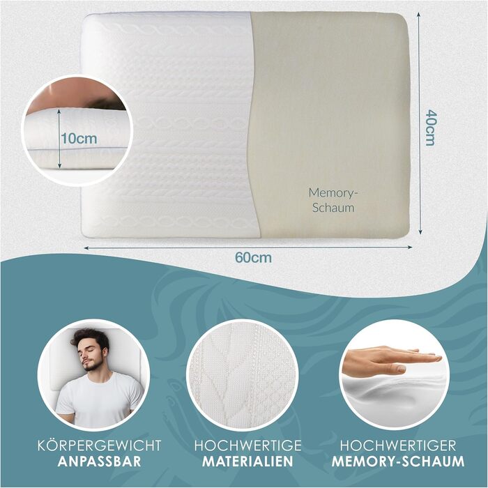 Ортопедична подушка з піною з пам'яті, ергономічна, проти болю в шиї, для всіх типів сну (на спині, животі та на боці), біла, 10 см, 2 шт.