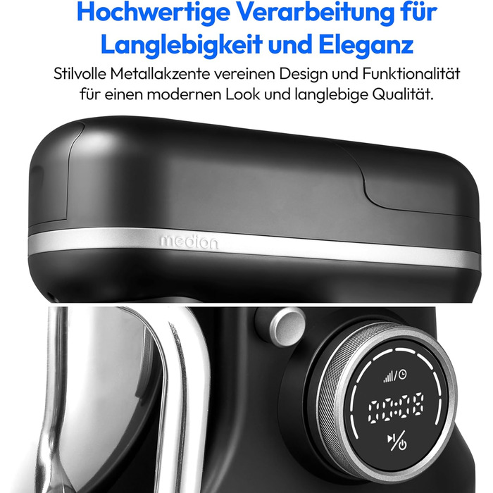Кухонна машина MEDION MD18430: 3-в-1 (міксер, м'ясорубка, кухонний комбайн), 5 л чаша з нержавіючої сталі, 1200 Вт, подрібнювач, нарізувач, цифровий дисплей, чорний