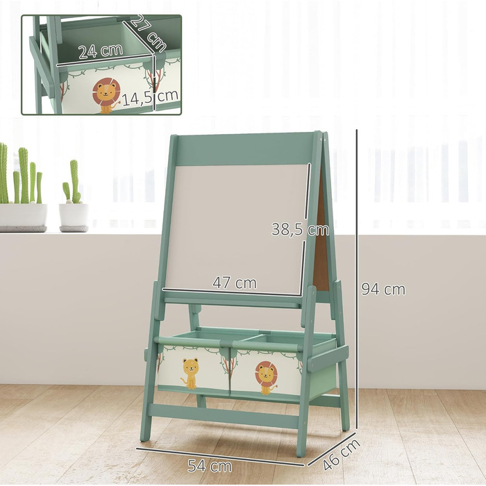 Дитяча мольберт AIYAPLAY 3-в-1: двосторонній, чорно-білий, з рулоном паперу та 2 кошиками для зберігання, для дітей 3-8 років, зелений