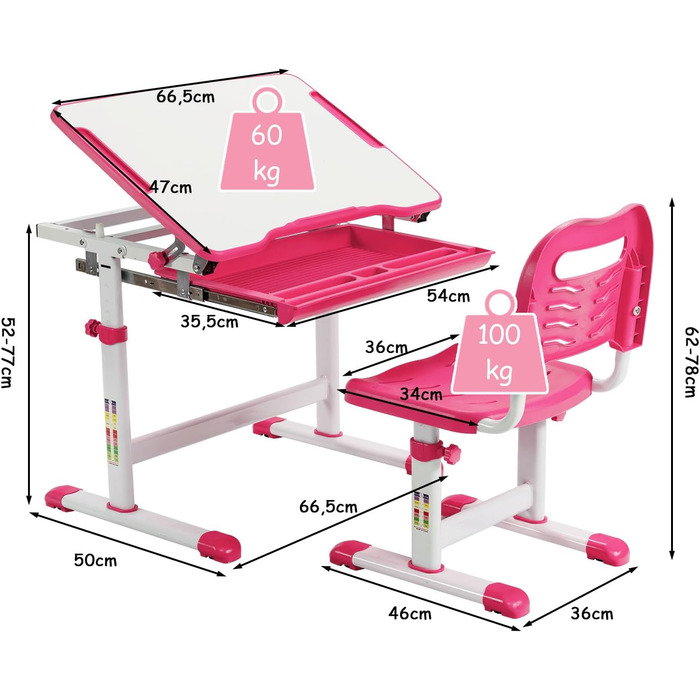 Набір дитячих столів GOPLUS з регулюванням висоти та відкидною стільницею та шухлядою, рожевий