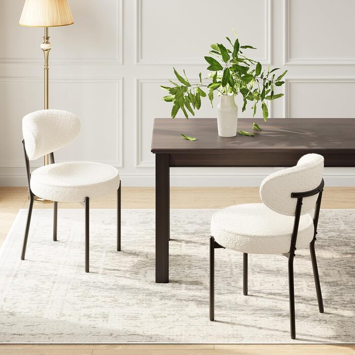 COLAMY Комплект обідніх стільців 4 шт. з м'яким сидінням 10 см – Сучасні м'які стільці з плюшевої тканини Teddy, з міцним металевим каркасом – Для кухні та вітальні, Білий. Комплект 4 шт.