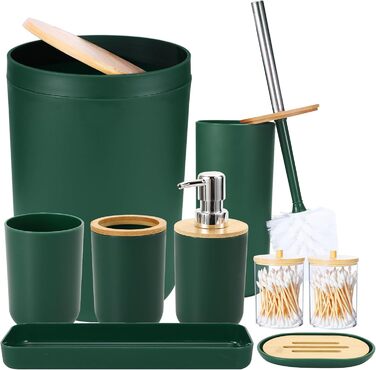 Набір аксесуарів для ванної кімнати iMucci: сміттєвий бак, щітка для унітазу, тримач для зубних щіток, диспенсер для лосьйону/мила, мильниця, стакан для зубних щіток, тримач для ватних паличок (з бамбукової обтяжки), пастельно-зелений, 9 предметів (темно-