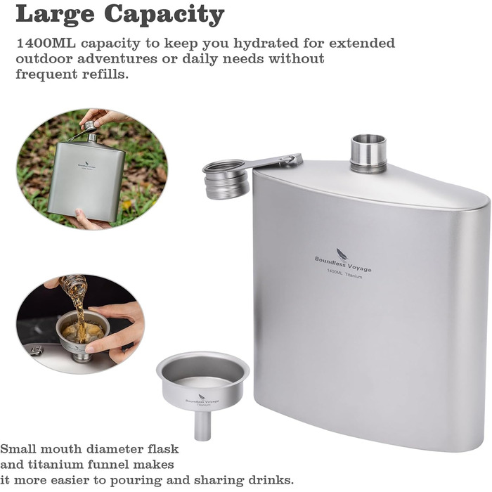 iBasingo Титанова фляга-термос 1.4л (49oz) для кемпінгу, туризму, Bushcraft. Легка, з міцним кришкою та воронкою.