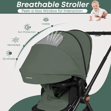 Дитяча коляска 2-в-1 BabyVoyage – комбінована коляска з люлькою та прогулянковим блоком, поворотні колеса 360°, амортизація, регульована ручка, складна конструкція, аксесуари, колір зелений
