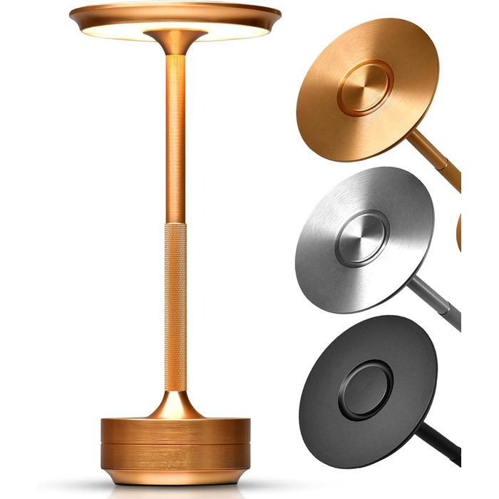 LED настільна лампа ELYSIA з акумулятором, диммування, бездротова, сенсорне управління, для дому та вулиці [IP54], тепле світло [2200K-2700K-3200K], USB-C, перезарядна, алюміній, золота