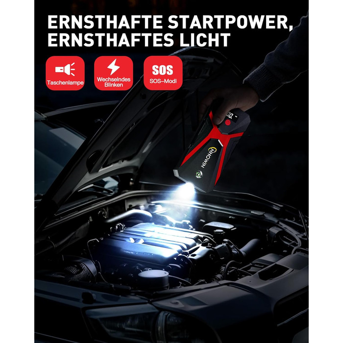 Powerbank Starthilfe 20000 mAh для автомобіля 12V з кабелями та LED-ліхтарем. Запуск авто до 7.5л бензину або 5.0л дизеля. 4-в-1 функція. Підходить для подорожей та надзвичайних ситуацій.