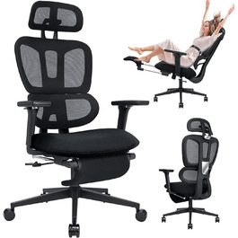 Ергономічне крісло для офісу з підніжкою, висока спинка, 2D підголівник, відкидні підлокітники, сидіння з губки, сітчастий офісний крісло, крісло для начальника, комп'ютерне крісло для дорослих, чорне