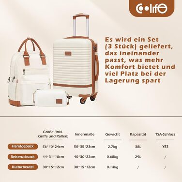 Набір валіз COOLIFE 3шт: велика валіза на коліщатках, рюкзак та сумка для туалетних речей (ABS, TSA-замок, 4 колеса)