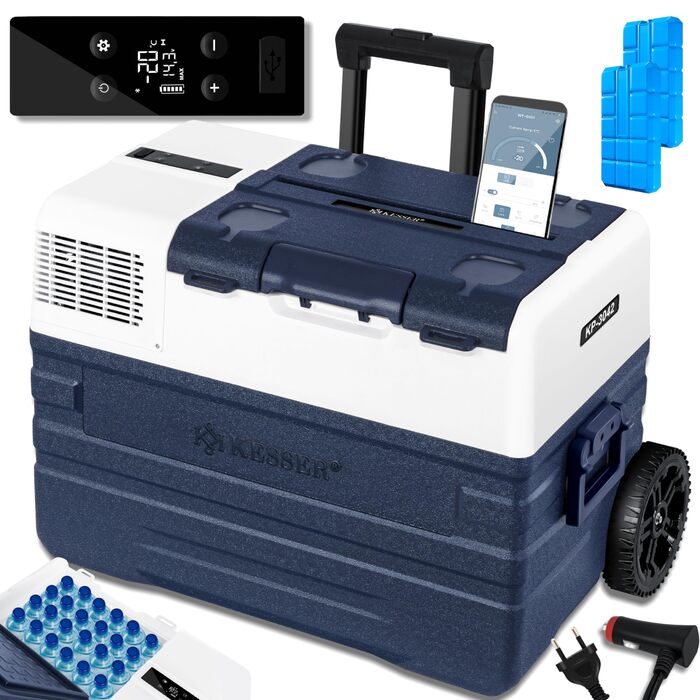 Автомобільний компресорний холодильник KESSER 42L з Wi-Fi, 12/24/230V. Морозильна камера до -20°C, колеса, телескопічна ручка для кемпінгу, фургону, вантажівки + 2 акумулятори холоду 42л, темно-синій