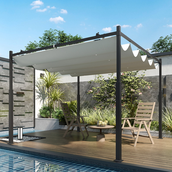 Газонний Пергола, 3 x 3 м, Розсувна дах та магнітна панель, Намет для саду, Пергола для відпочинку на відкритому повітрі, UPF30+, Метал, Кремовий