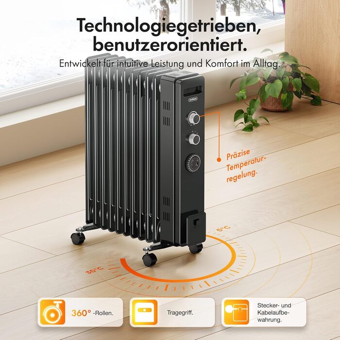 Масляний радіатор VonHaus 2.5 кВт з термостатом - білий/чорний, 11 ребер | Електричний обігрівач для дому та офісу